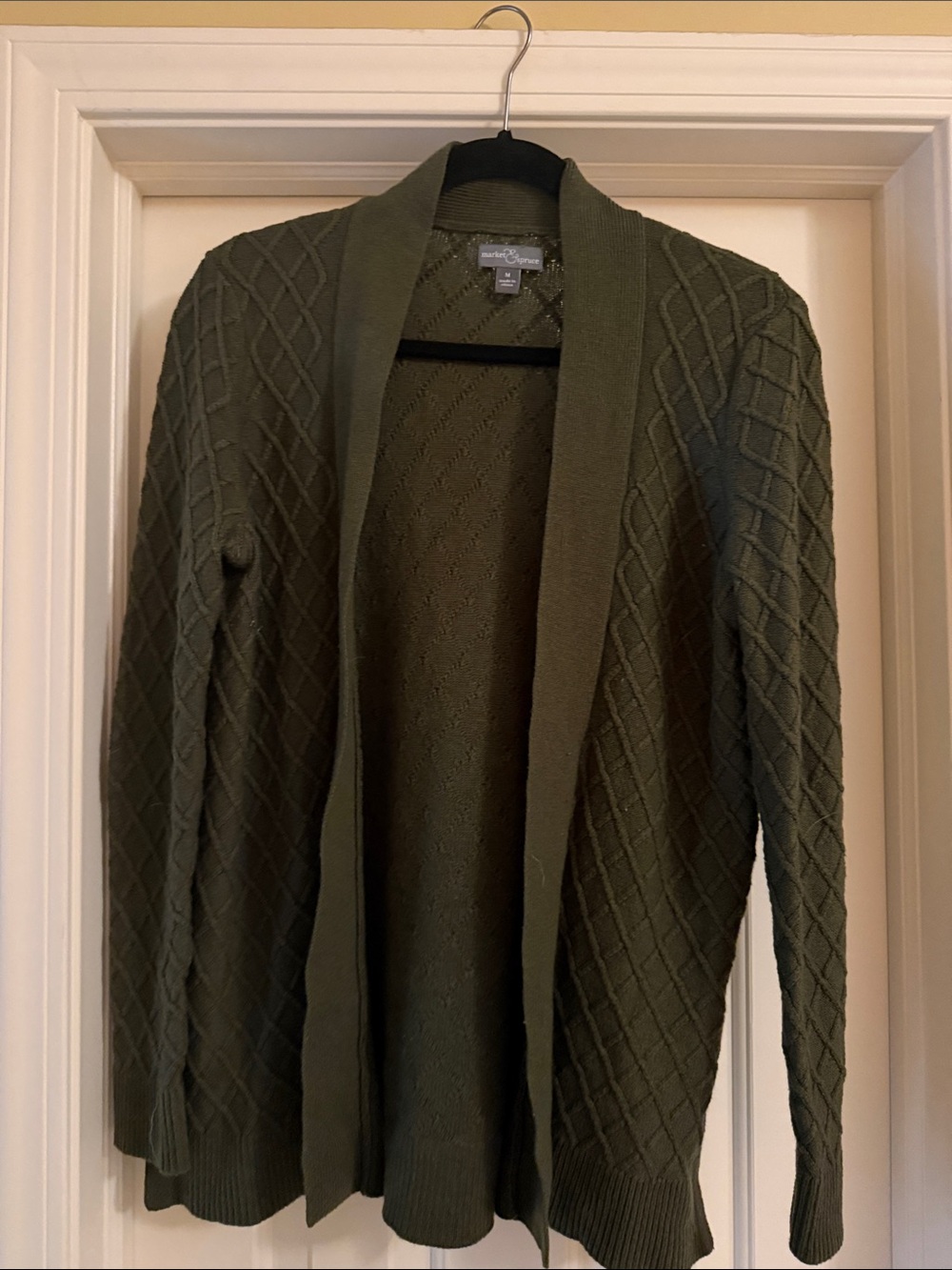 Market & Spruce Olive Green Open-Front Diamond Cable Cardigan